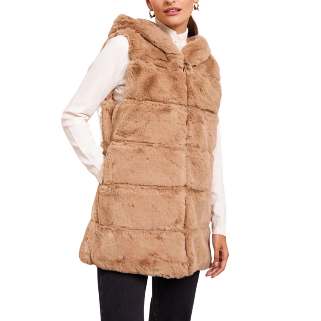 HOODED FAUX FUR VEST TAUPE