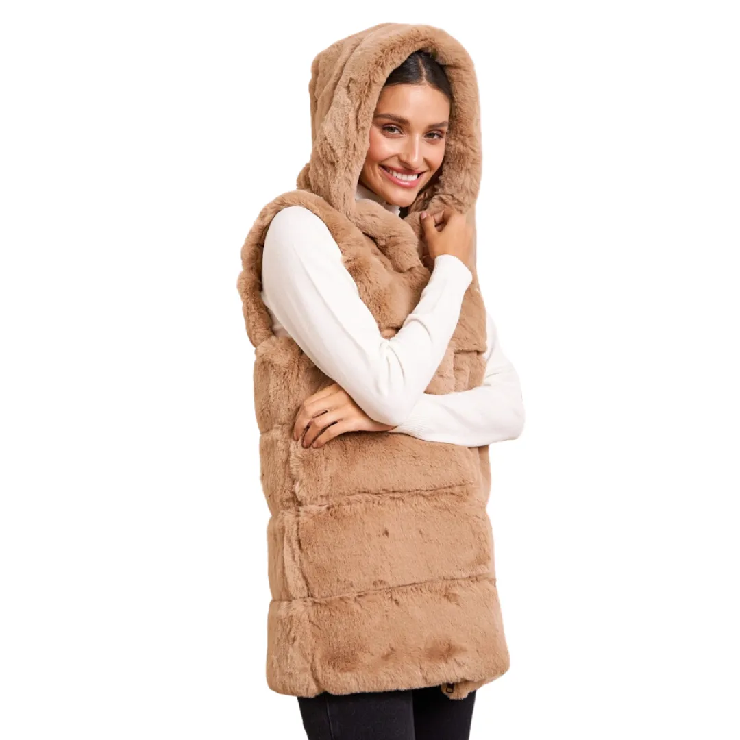 HOODED FAUX FUR VEST TAUPE