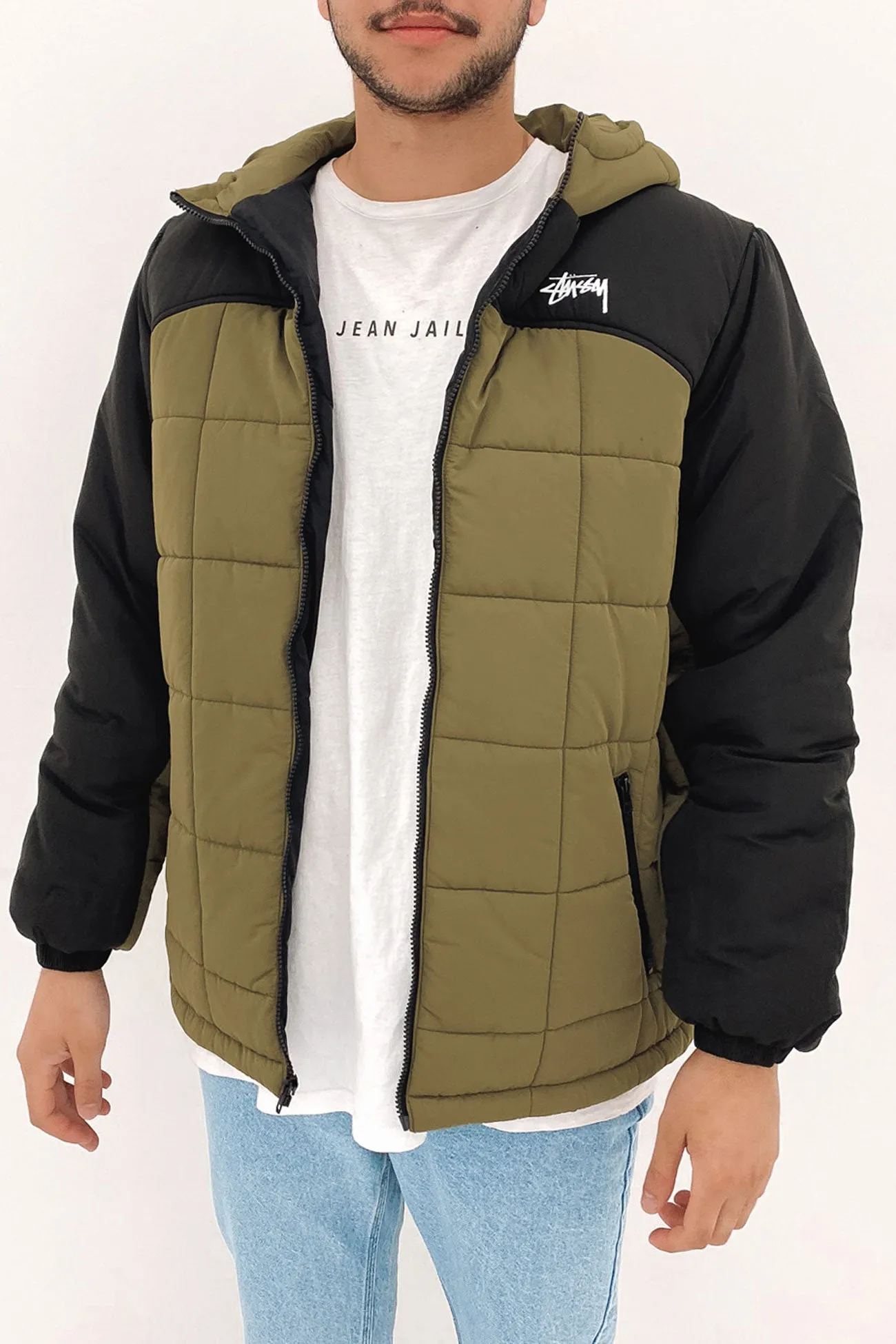 Hooded Square Puffa Jacket Khaki Black