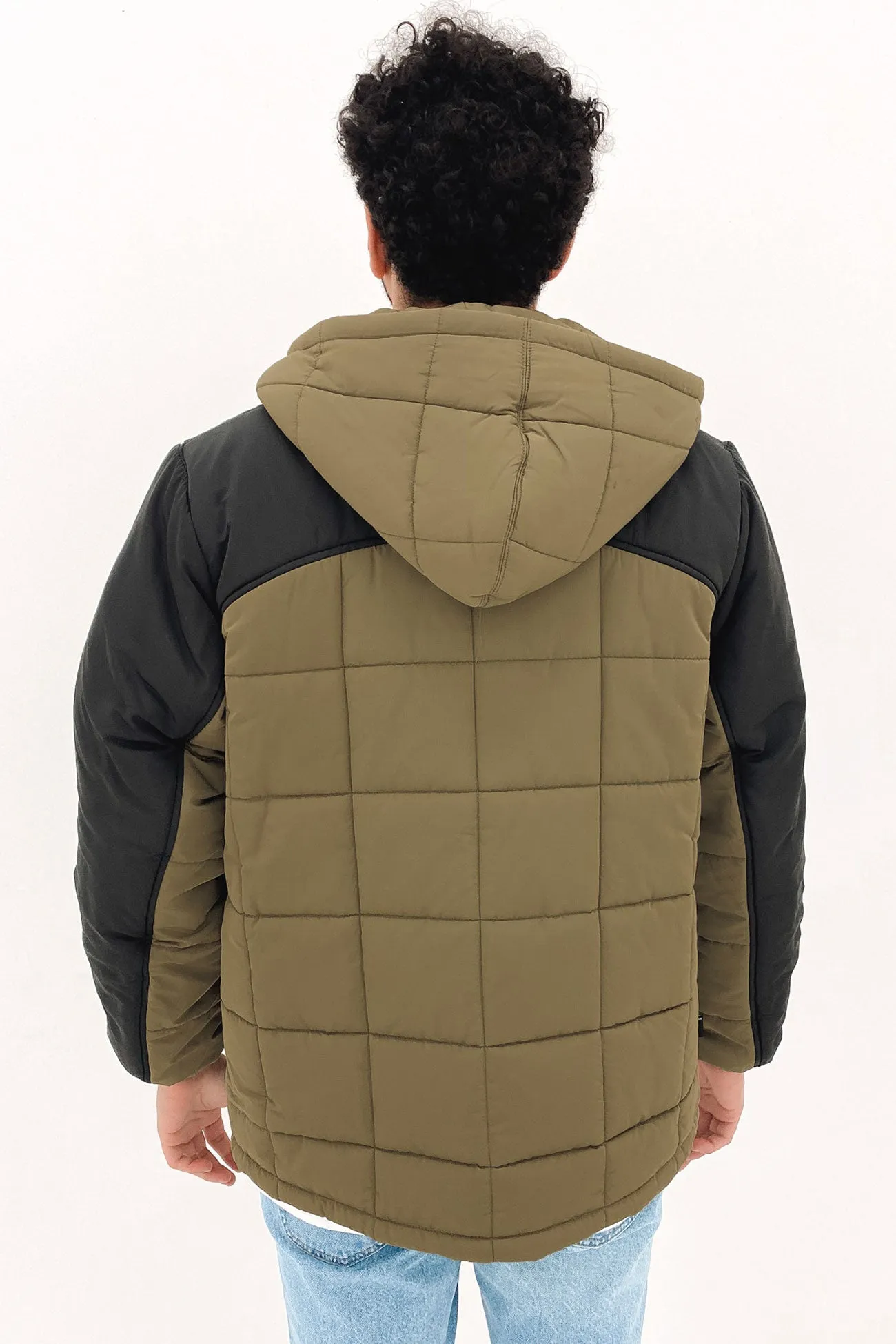 Hooded Square Puffa Jacket Khaki Black