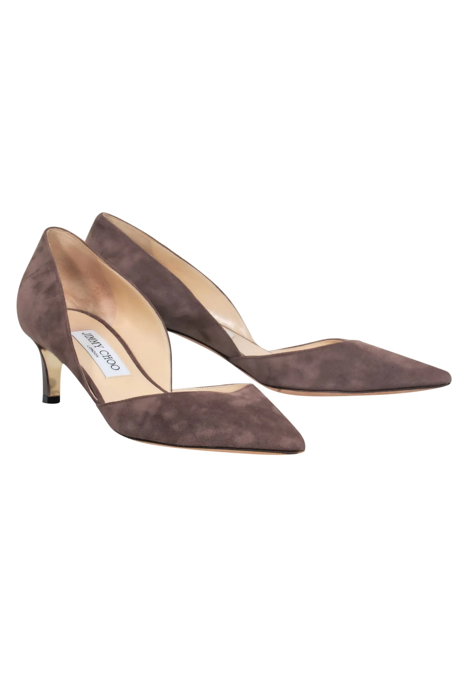 Jimmy Choo - Taupe Suede Pointy Kitten Heel D’orsay Pumps Sz 8