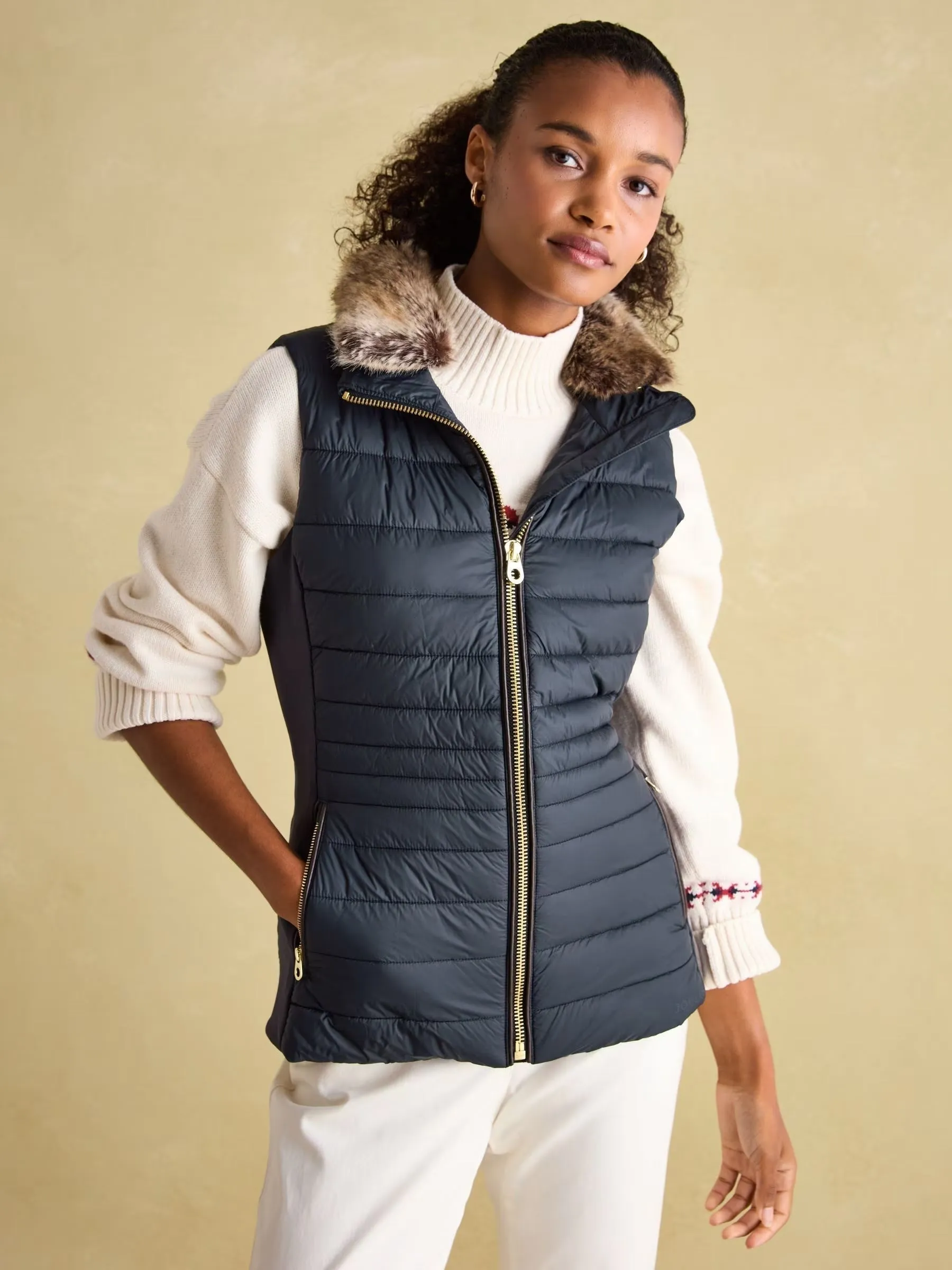 Joules Beckley Padded Showerproof Gilet with Detachable Faux Fur Collar