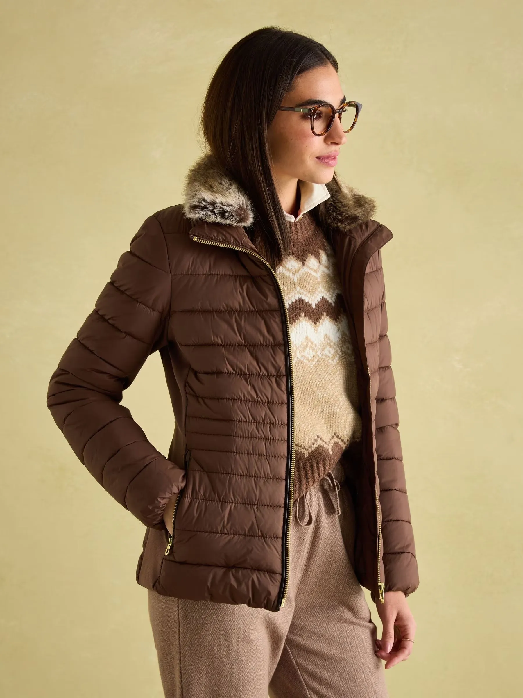 Joules Beckley Padded Showerproof Jacket with Detachable Faux Fur Trim