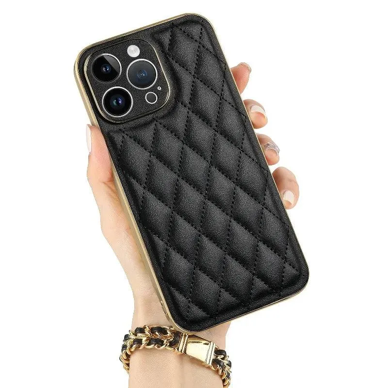 Leather Cute Phone Case for iPhone 14 Plus, 13 Pro Max, and 12 Pro - Gold Plating