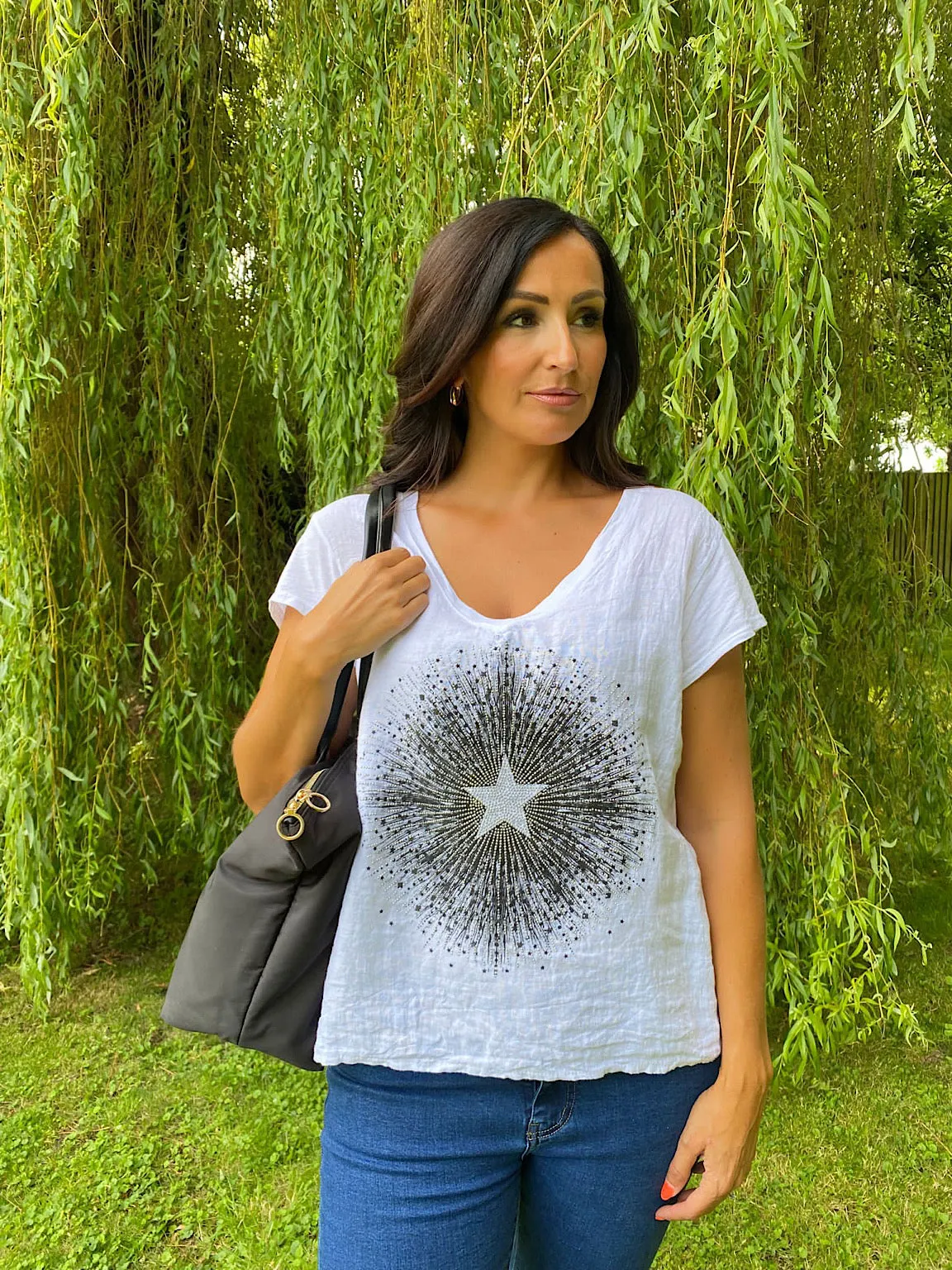 Linen Blend Diamante Star Top Flossie