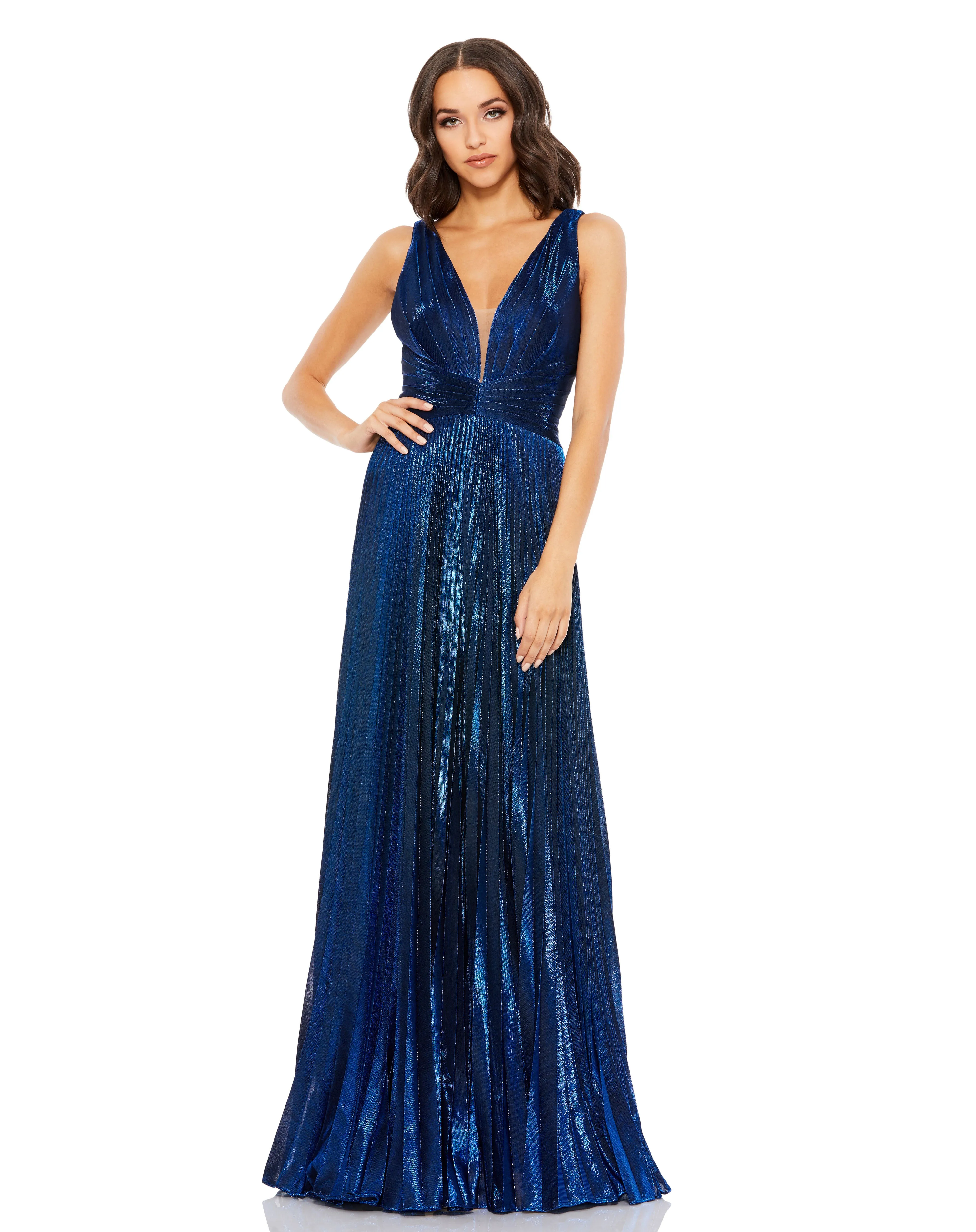 Mac Duggal 50640 Long Pleated Formal Metallic Prom Dress