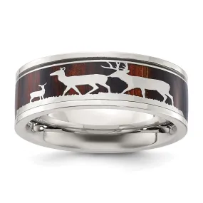 Men's 8mm Stainless Steel Wood & Enamel Inlay Deer Design Flat Band