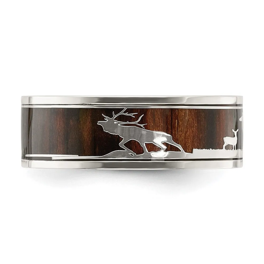 Men's 8mm Stainless Steel Wood & Enamel Inlay Deer Design Flat Band