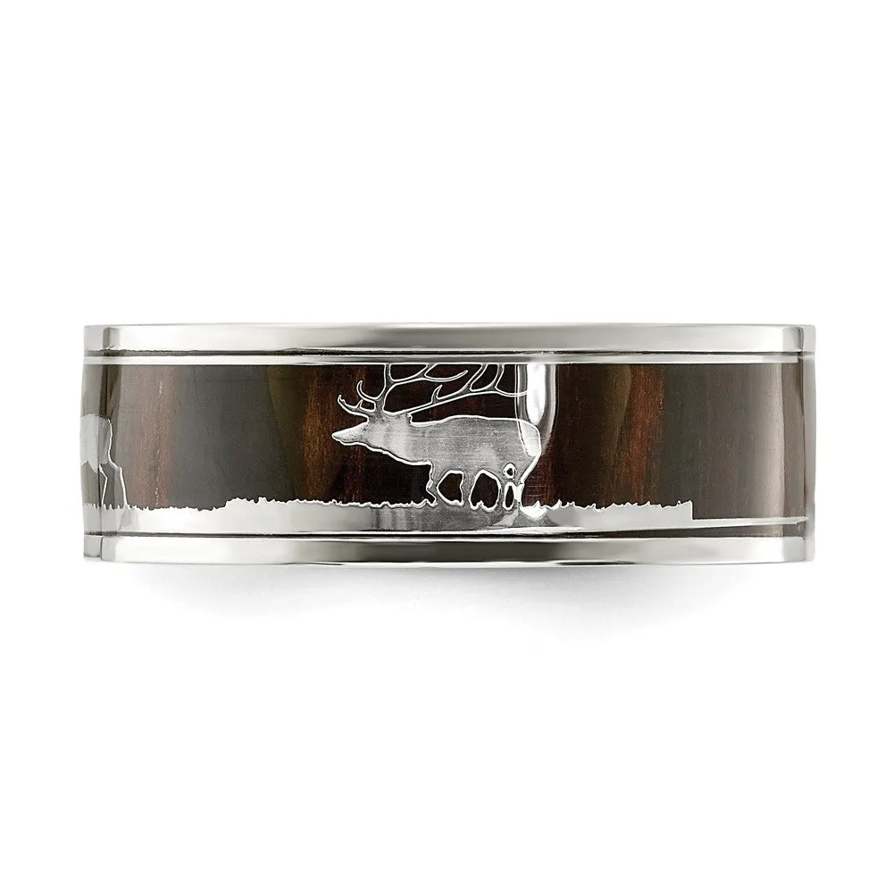 Men's 8mm Stainless Steel Wood & Enamel Inlay Deer Design Flat Band