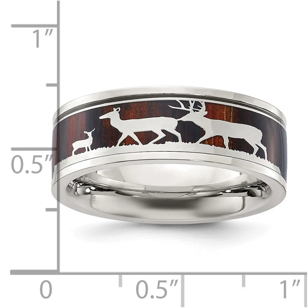 Men's 8mm Stainless Steel Wood & Enamel Inlay Deer Design Flat Band