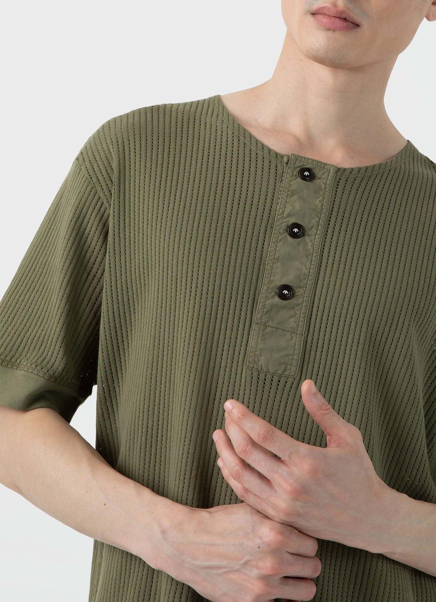 Men's Sunspel x Nigel Cabourn Mesh Henley in Army Green