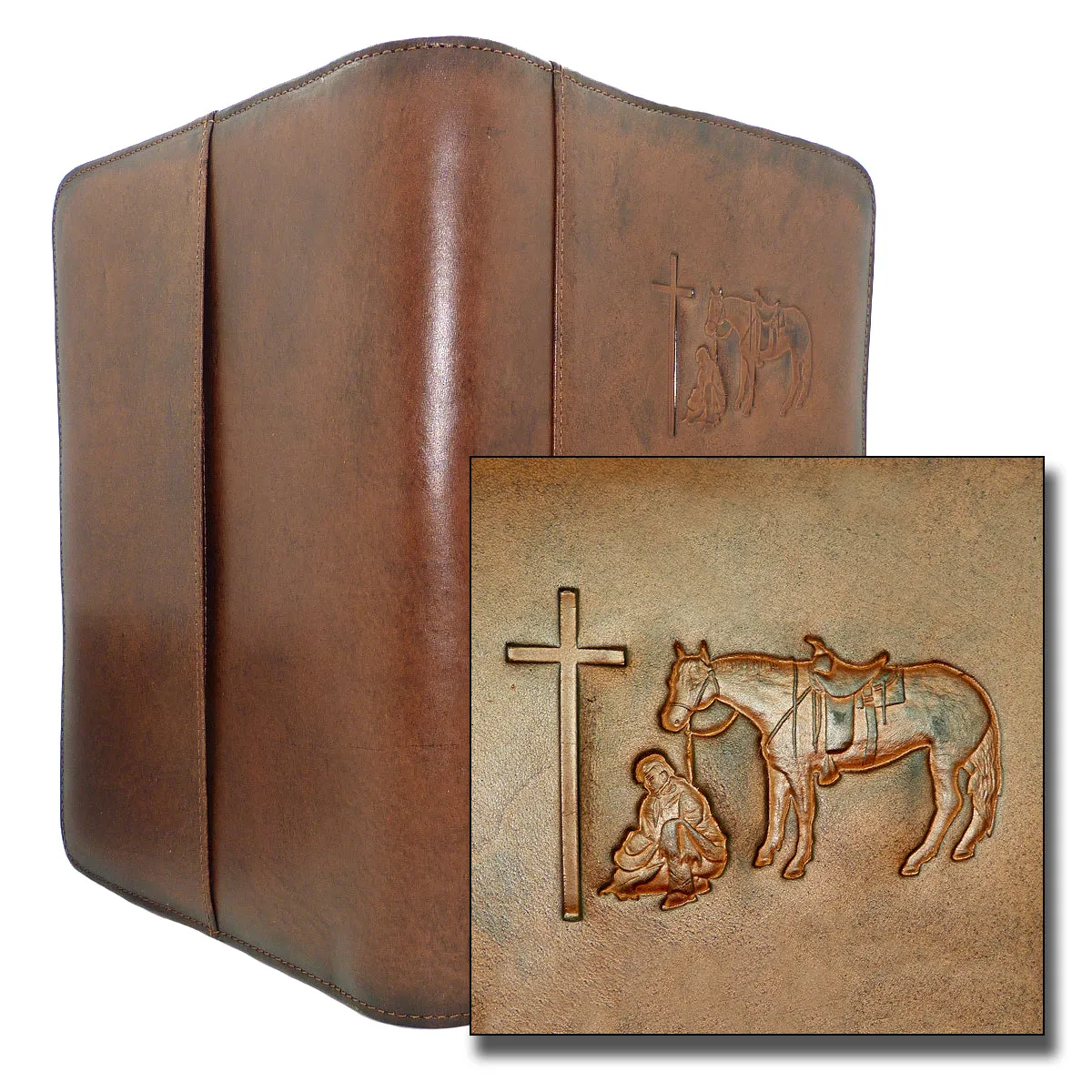 Nocona Western Bible Leather Case Cover Praying Cowboy Zippered Brown 0650608