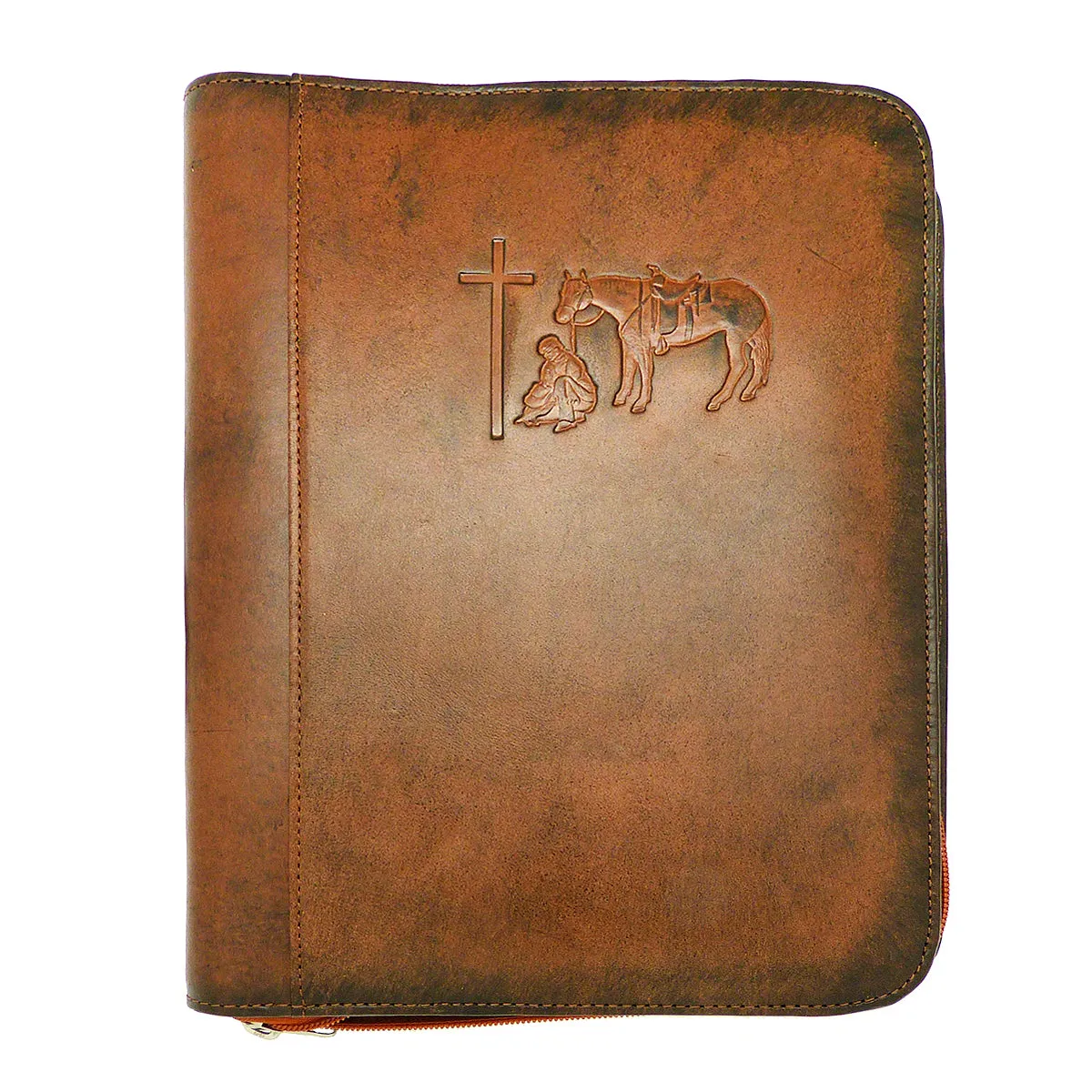 Nocona Western Bible Leather Case Cover Praying Cowboy Zippered Brown 0650608