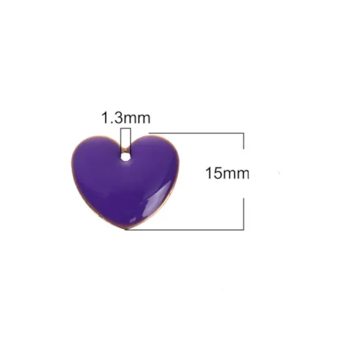 Pendants, Heart, Flat, Double-Sided, Purple, Enameled, Brass, Drops, 16mm