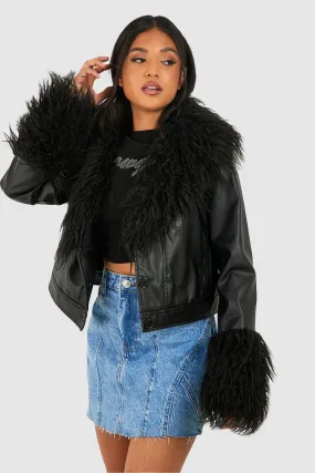 Petite Faux Fur Trim Crop Pu Jacket