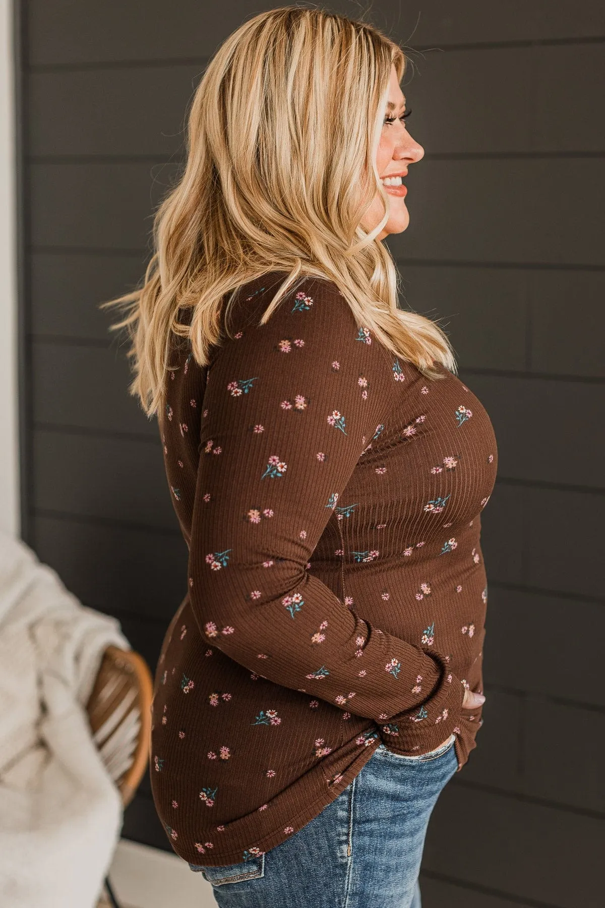 Piercing Beauty Floral Henley Top- Chocolate