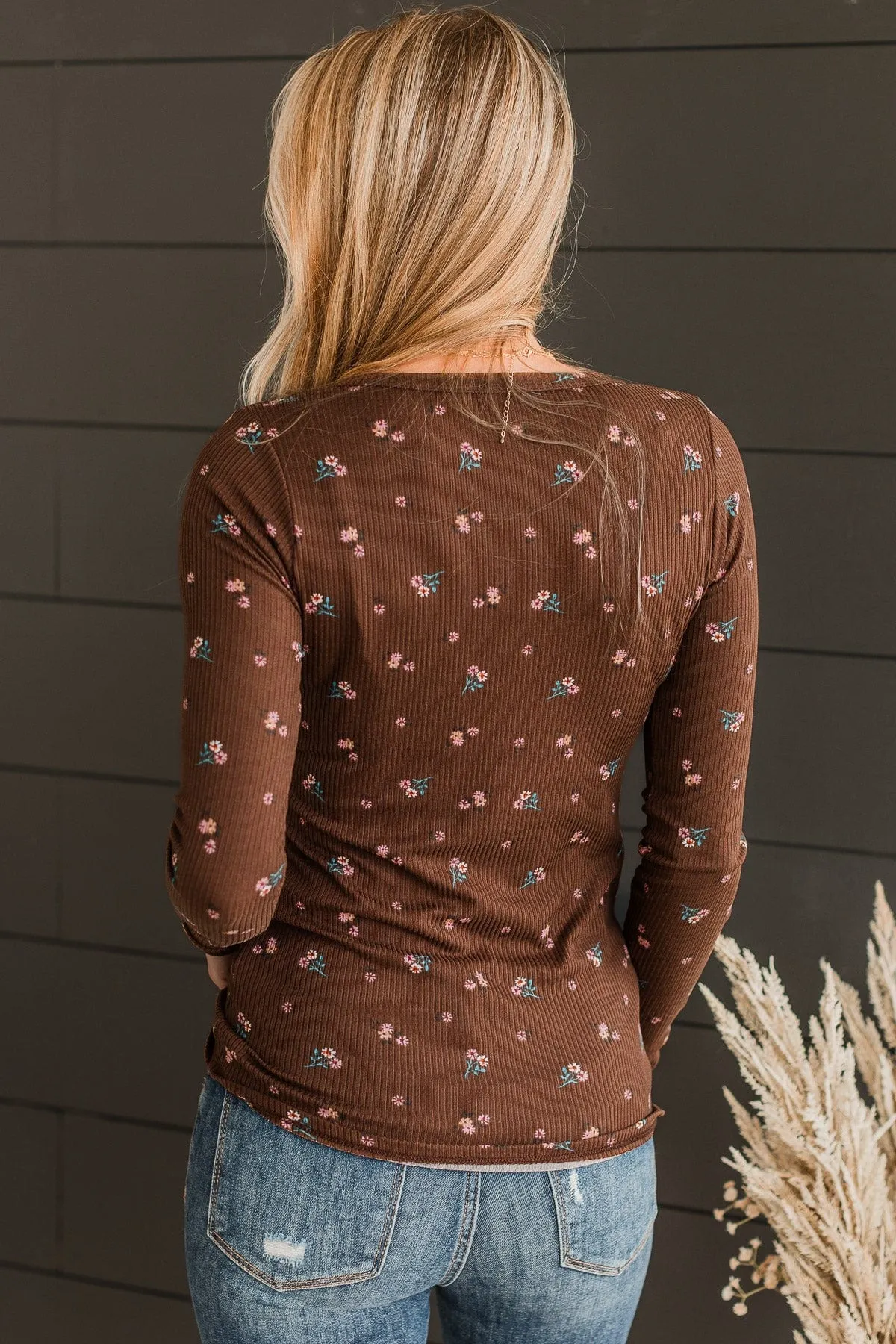 Piercing Beauty Floral Henley Top- Chocolate