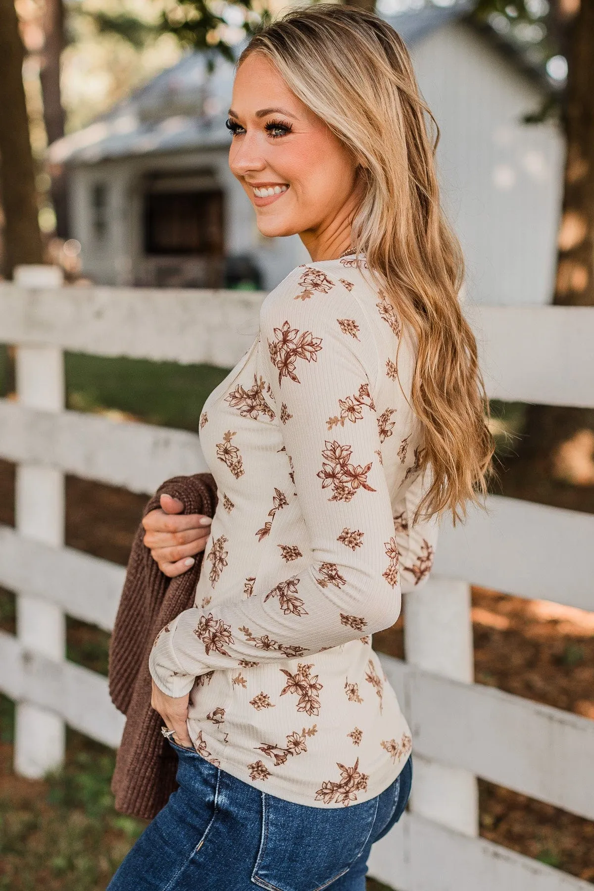 Piercing Beauty Floral Henley Top- Ivory