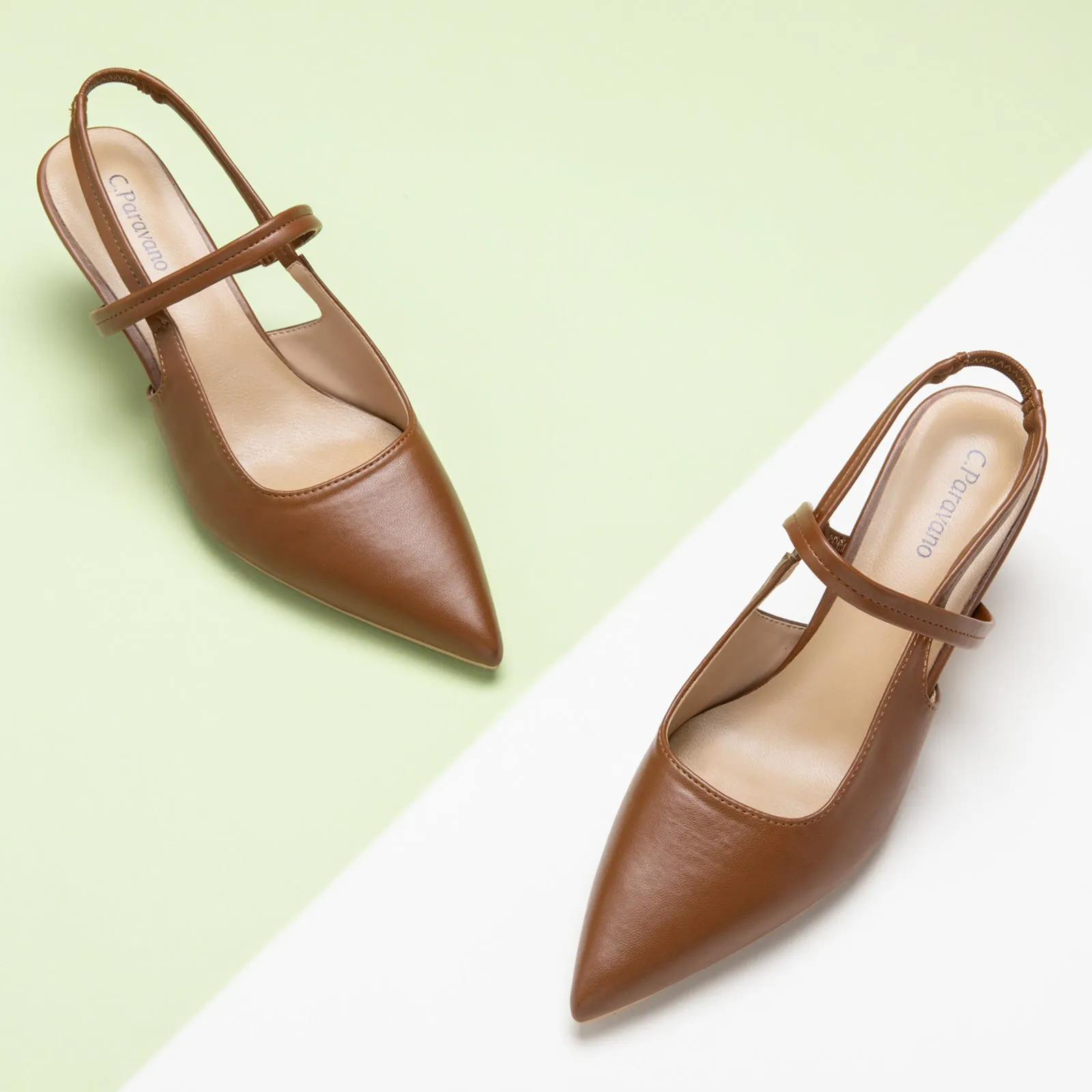 Pointed Toe Kitten heel Slingbacks (Helen) Brown