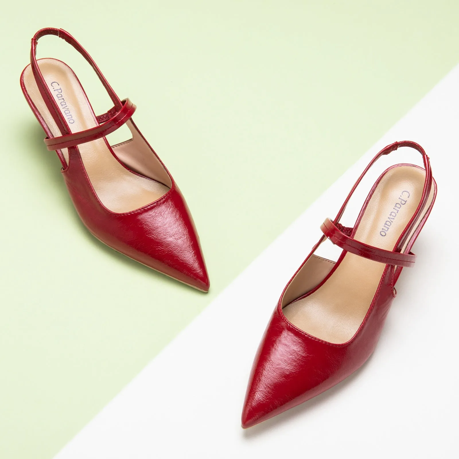 Pointed Toe Kitten heel Slingbacks (Helen) Red