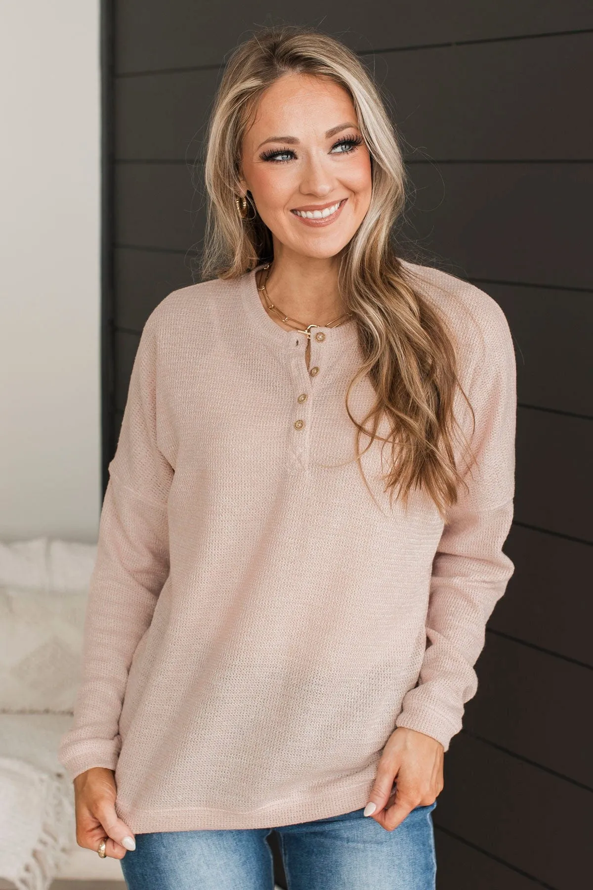 Simple Delights Knit Henley Top- Blush