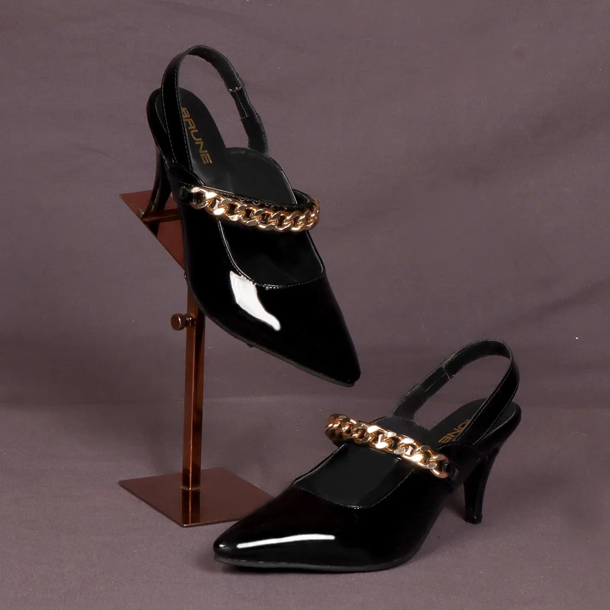 Slingback Pointed Toe Golden Chain Black Patent Kitten Heel Adjustable Elastic Strap By Brune & Bareskin