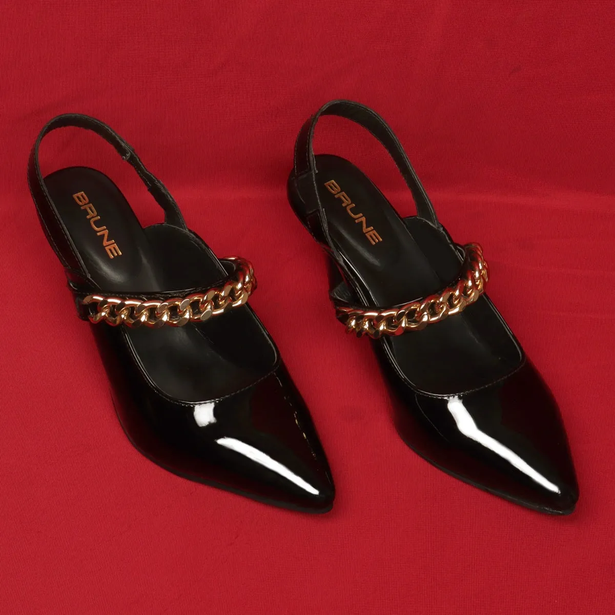 Slingback Pointed Toe Golden Chain Black Patent Kitten Heel Adjustable Elastic Strap By Brune & Bareskin