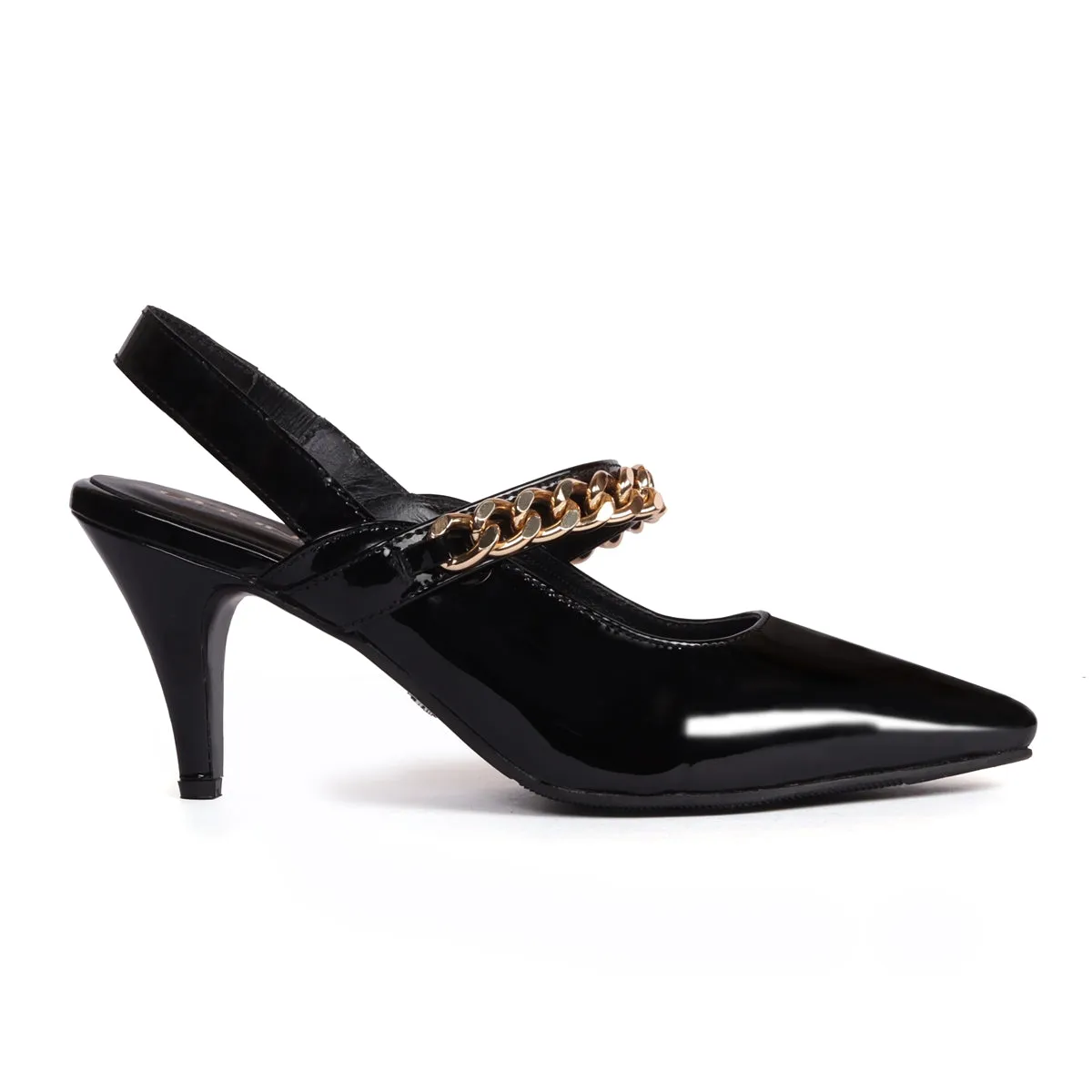 Slingback Pointed Toe Golden Chain Black Patent Kitten Heel Adjustable Elastic Strap By Brune & Bareskin