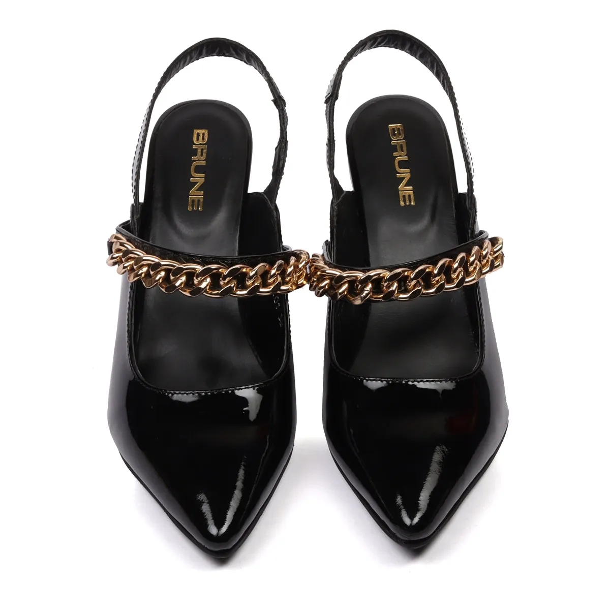 Slingback Pointed Toe Golden Chain Black Patent Kitten Heel Adjustable Elastic Strap By Brune & Bareskin