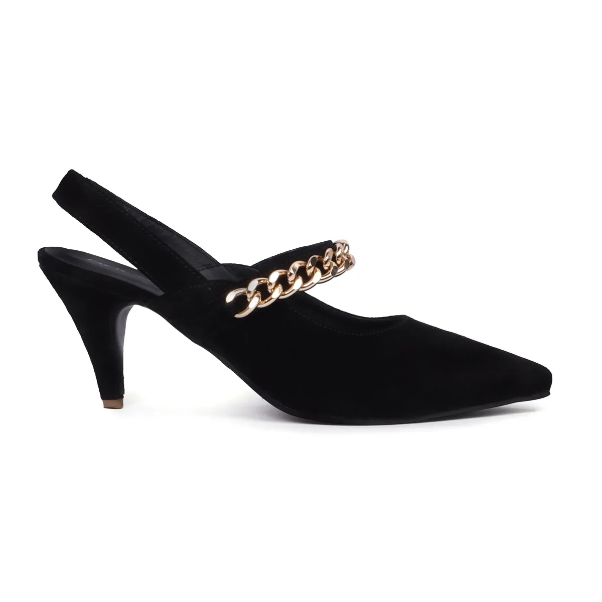 Slingback Pointed Toe Golden Chain Kitten Heel Black Suede Leather Adjustable Elastic Strap By Brune & Bareskin