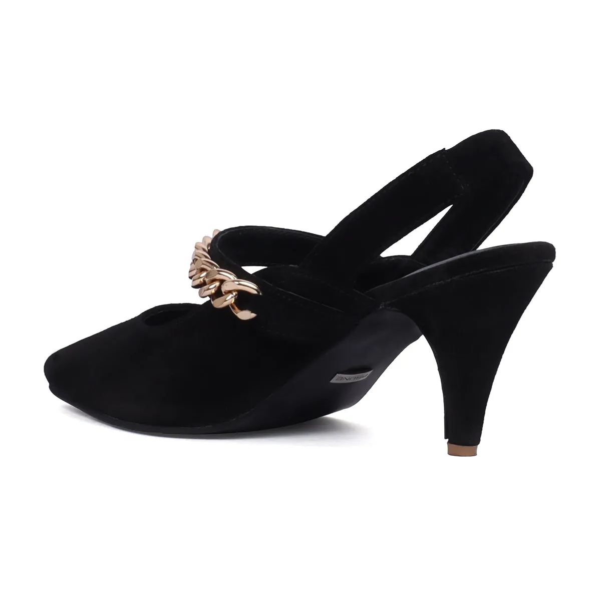 Slingback Pointed Toe Golden Chain Kitten Heel Black Suede Leather Adjustable Elastic Strap By Brune & Bareskin