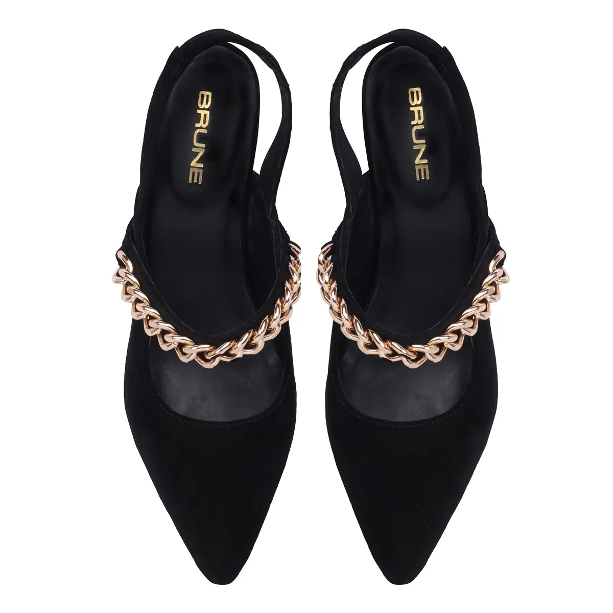 Slingback Pointed Toe Golden Chain Kitten Heel Black Suede Leather Adjustable Elastic Strap By Brune & Bareskin