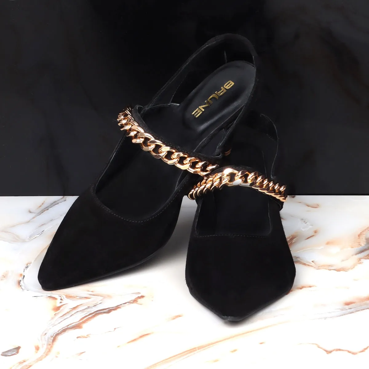 Slingback Pointed Toe Golden Chain Kitten Heel Black Suede Leather Adjustable Elastic Strap By Brune & Bareskin