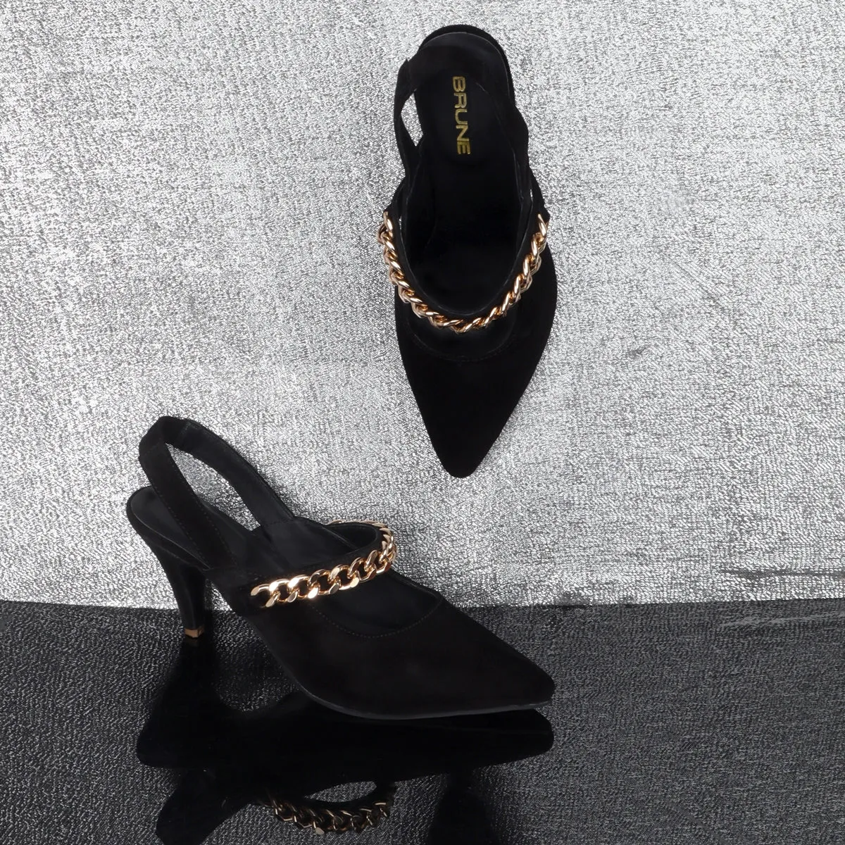 Slingback Pointed Toe Golden Chain Kitten Heel Black Suede Leather Adjustable Elastic Strap By Brune & Bareskin