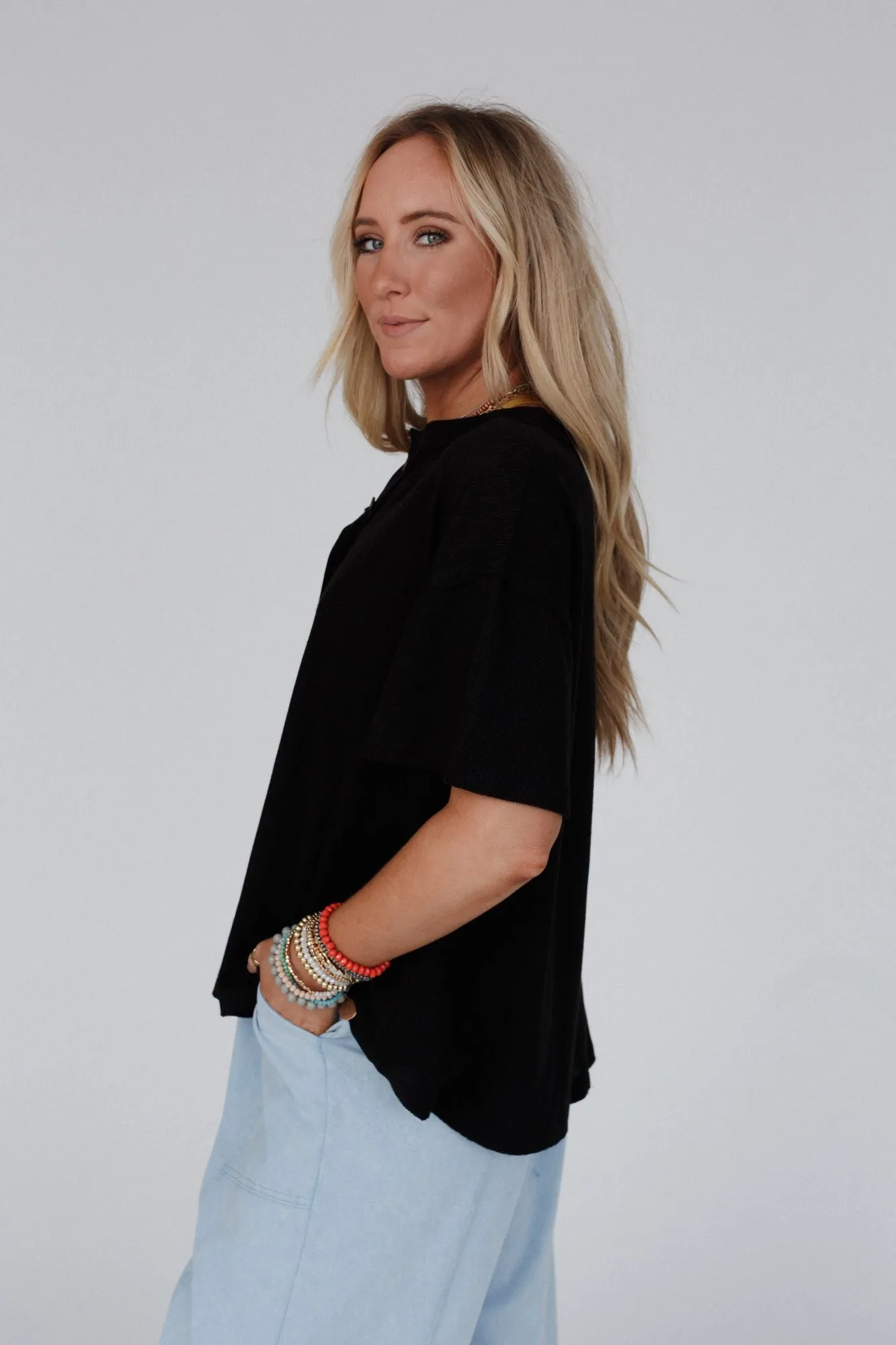 Soft Plume Henley Top - Black