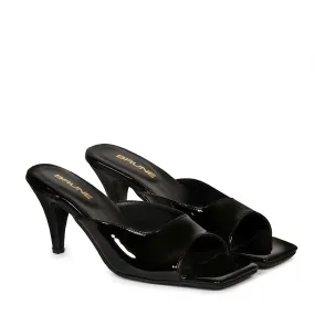 Square Open Toe Black Patent Leather Ladies Kitten Heel Sandal By Brune & Bareskin