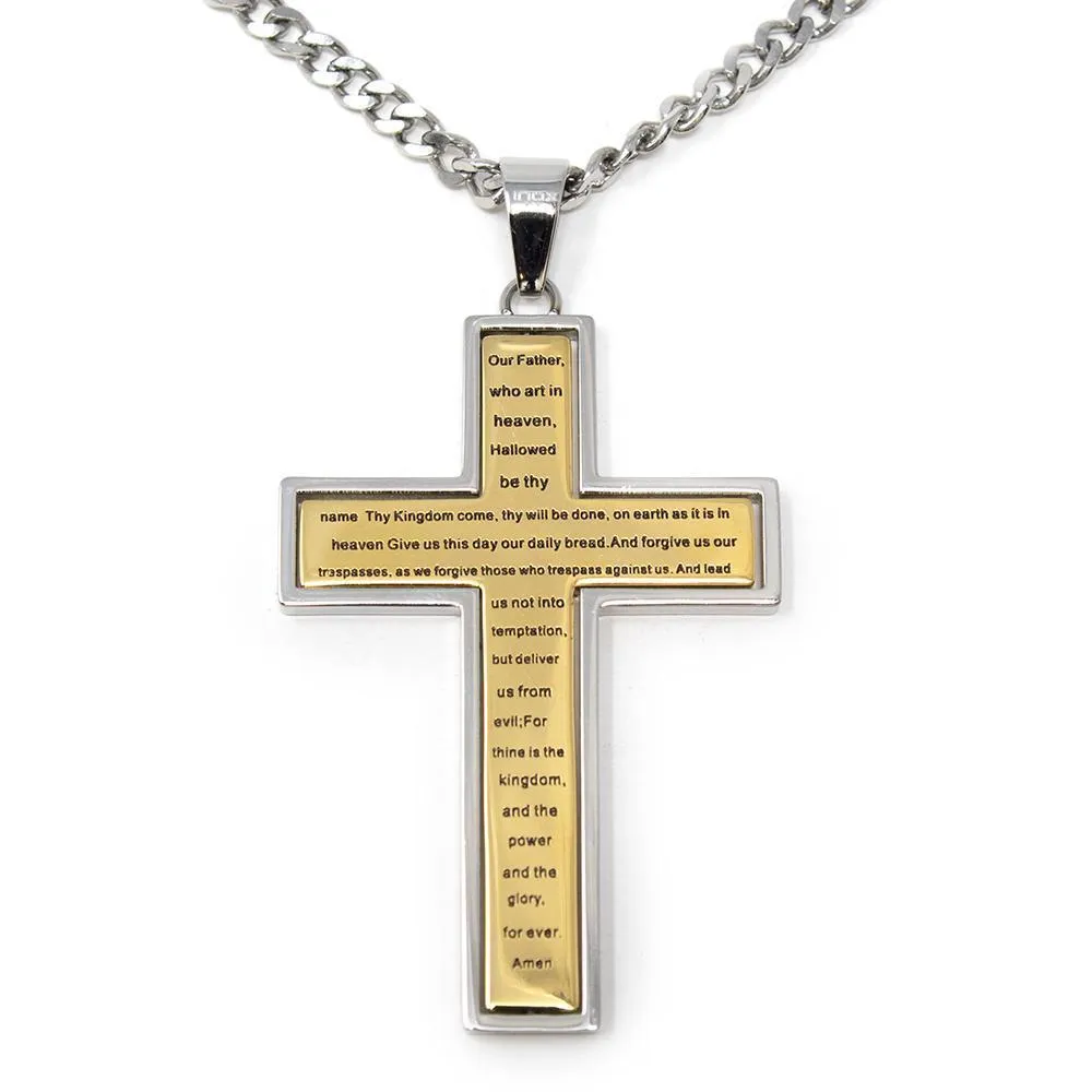 Stainless Steel Gold Ion Plated Lord's Prayer Spinner Cross Pendant with Chain