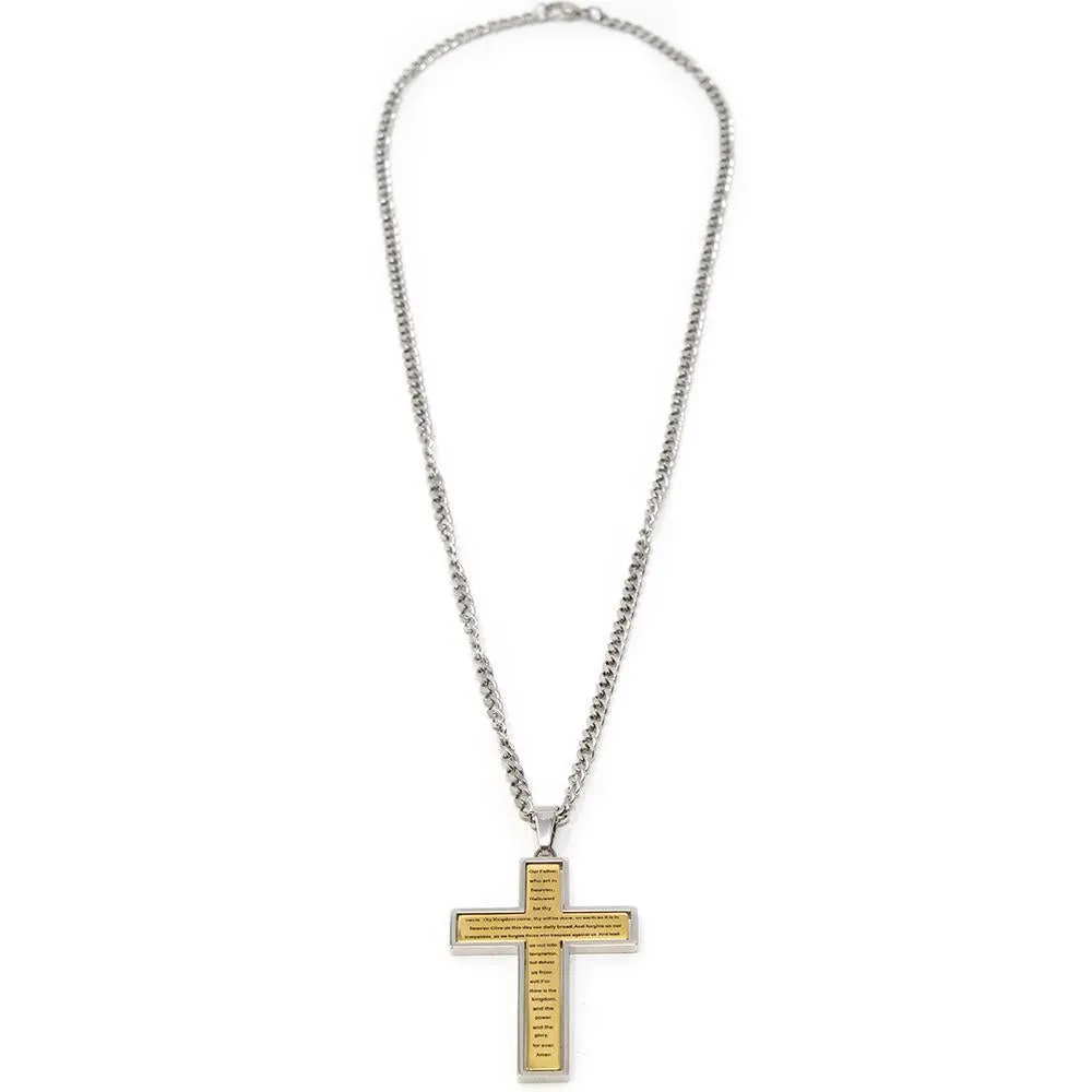 Stainless Steel Gold Ion Plated Lord's Prayer Spinner Cross Pendant with Chain