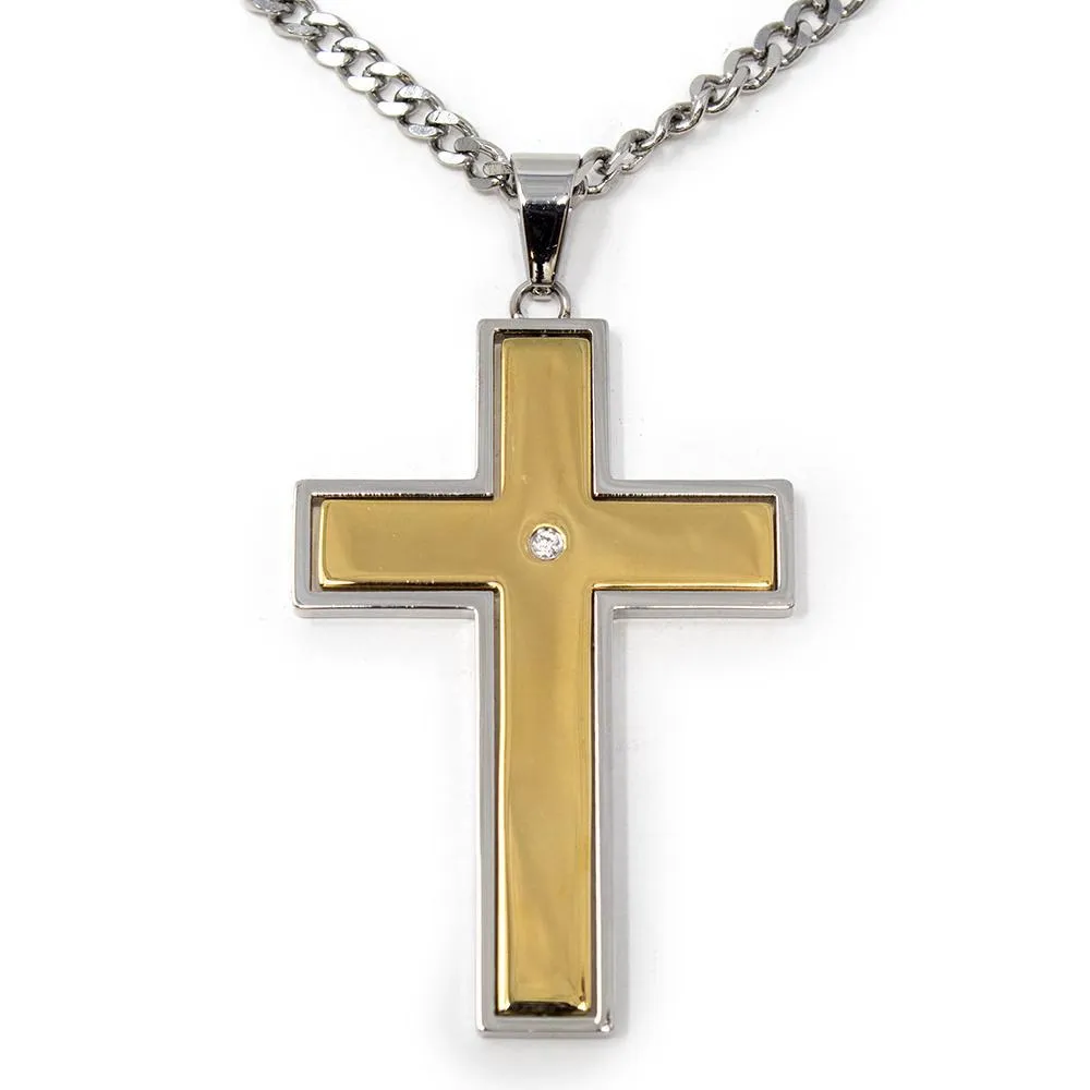 Stainless Steel Gold Ion Plated Lord's Prayer Spinner Cross Pendant with Chain