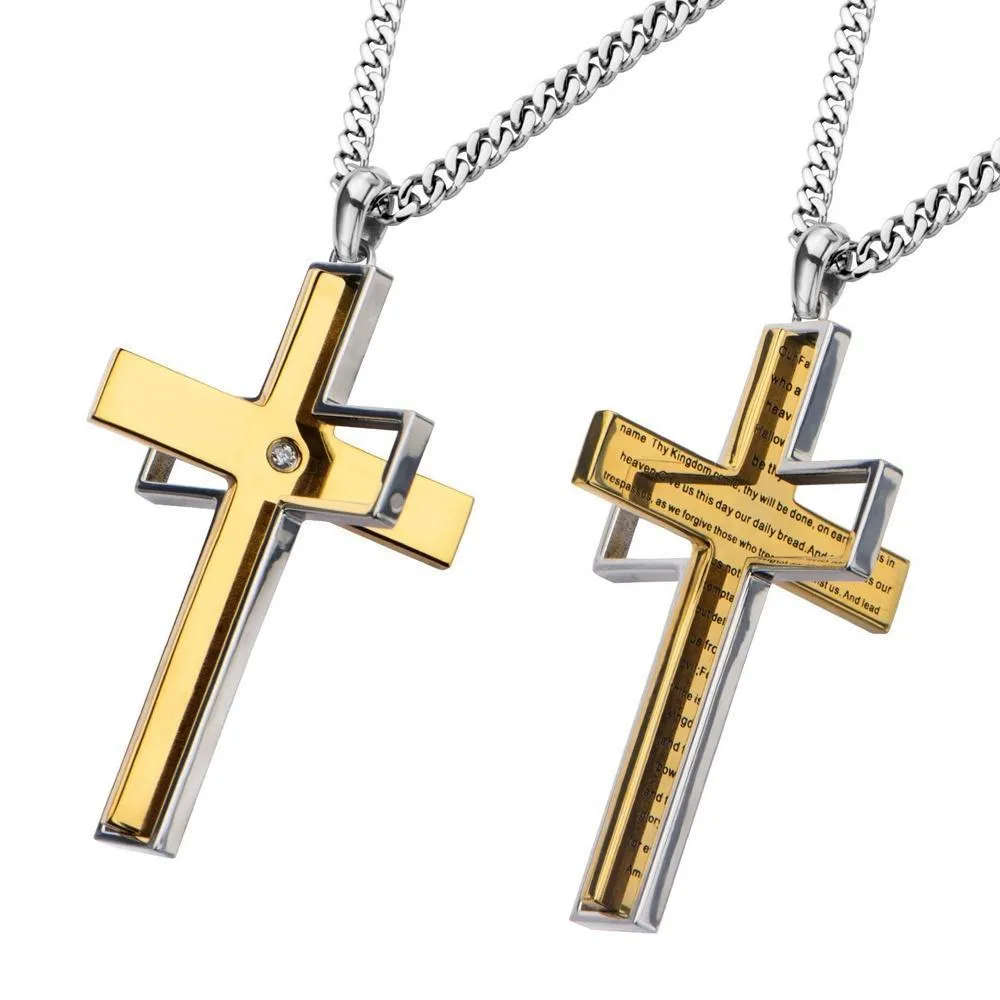 Stainless Steel Gold Ion Plated Lord's Prayer Spinner Cross Pendant with Chain