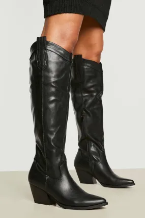 Tab Detail Knee High Western Cowboy Boots