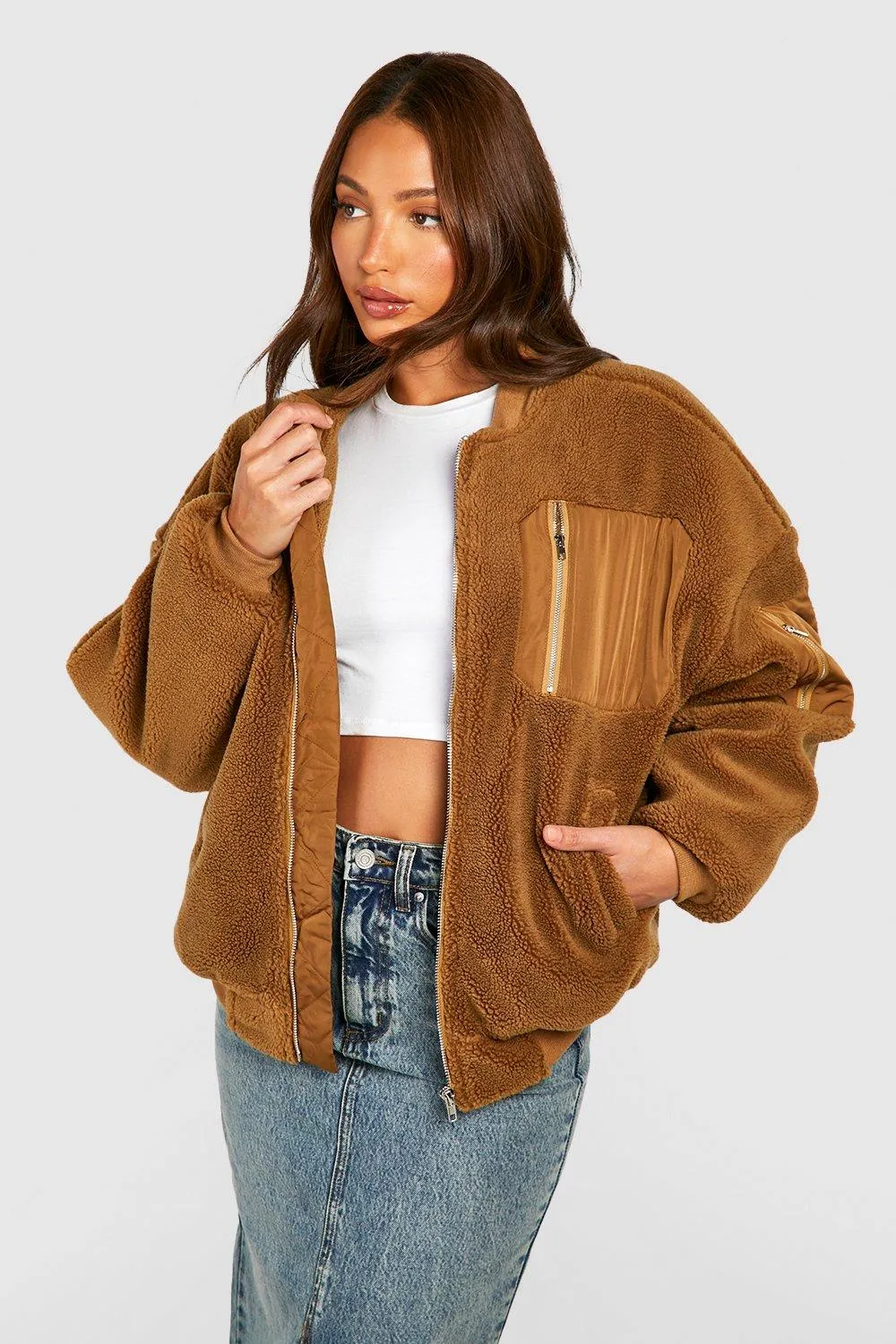 Tall Utility Pocket Teddy Faux Fur Bomber