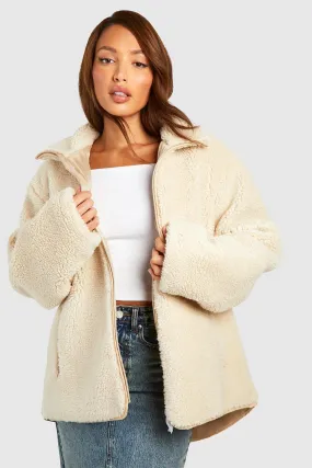 Tall Zip Detail Oversized Faux Fur Teddy Jacket