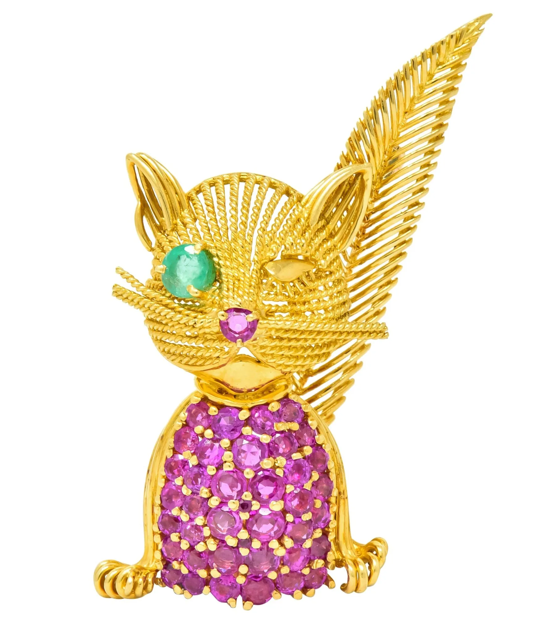 Tiffany & Co. Retro 5.45 CTW Ruby Emerald 18 Karat Yellow Gold Winking Cat Brooch