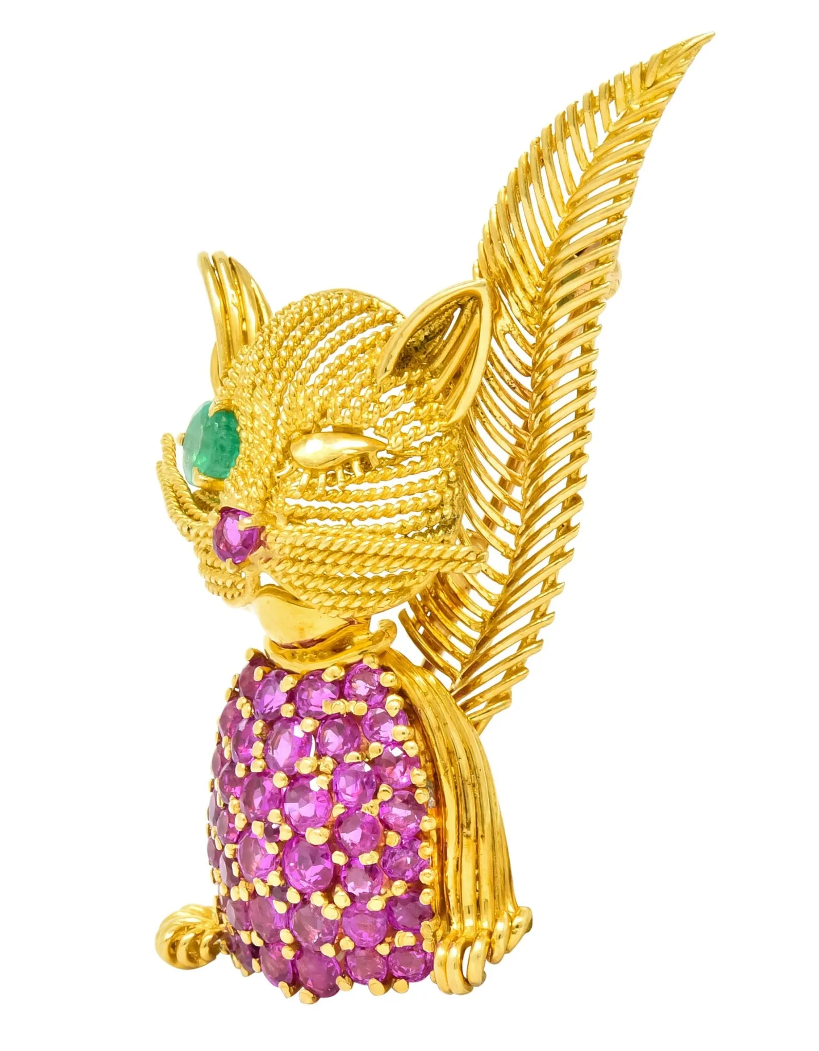 Tiffany & Co. Retro 5.45 CTW Ruby Emerald 18 Karat Yellow Gold Winking Cat Brooch