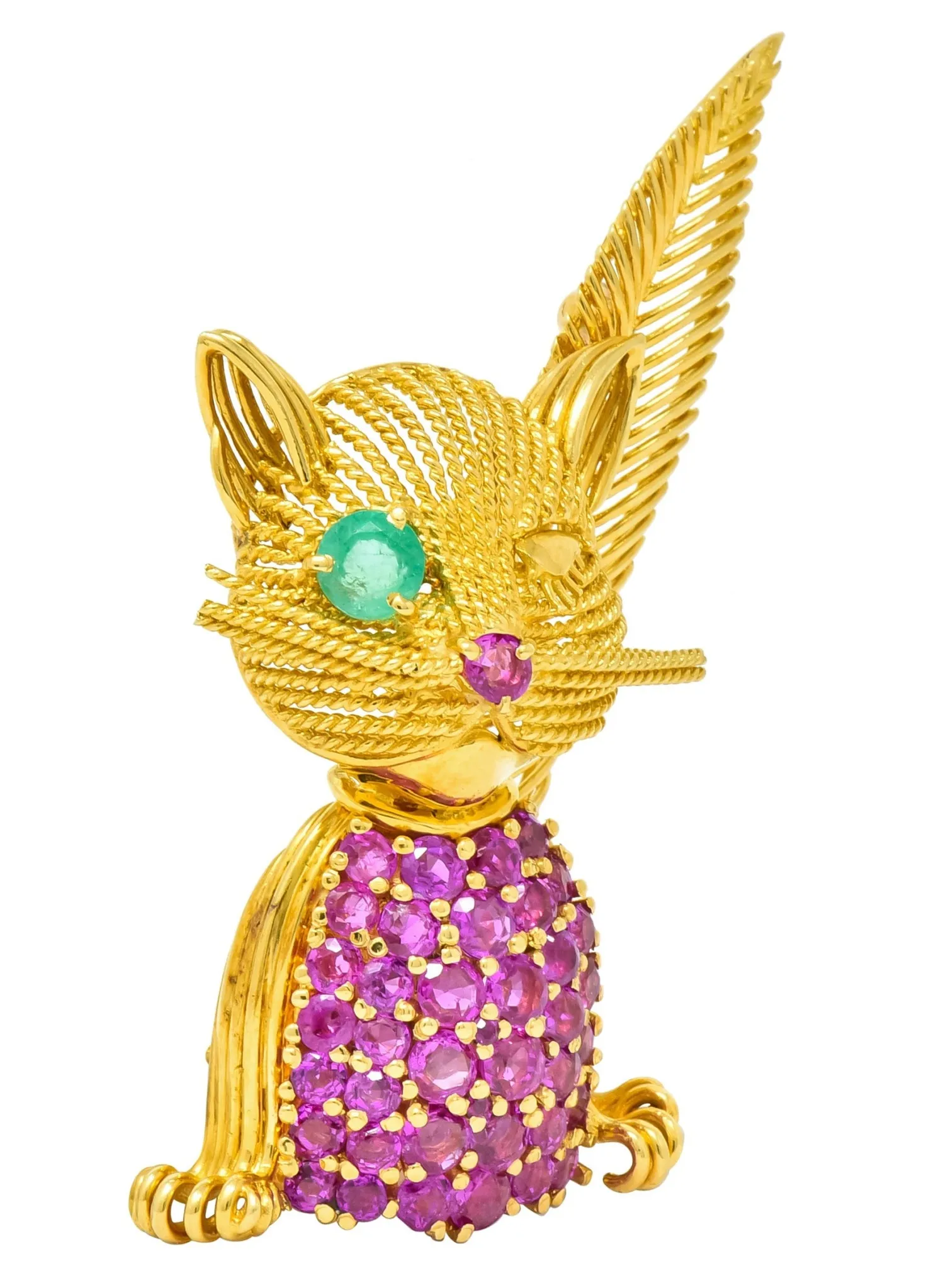 Tiffany & Co. Retro 5.45 CTW Ruby Emerald 18 Karat Yellow Gold Winking Cat Brooch