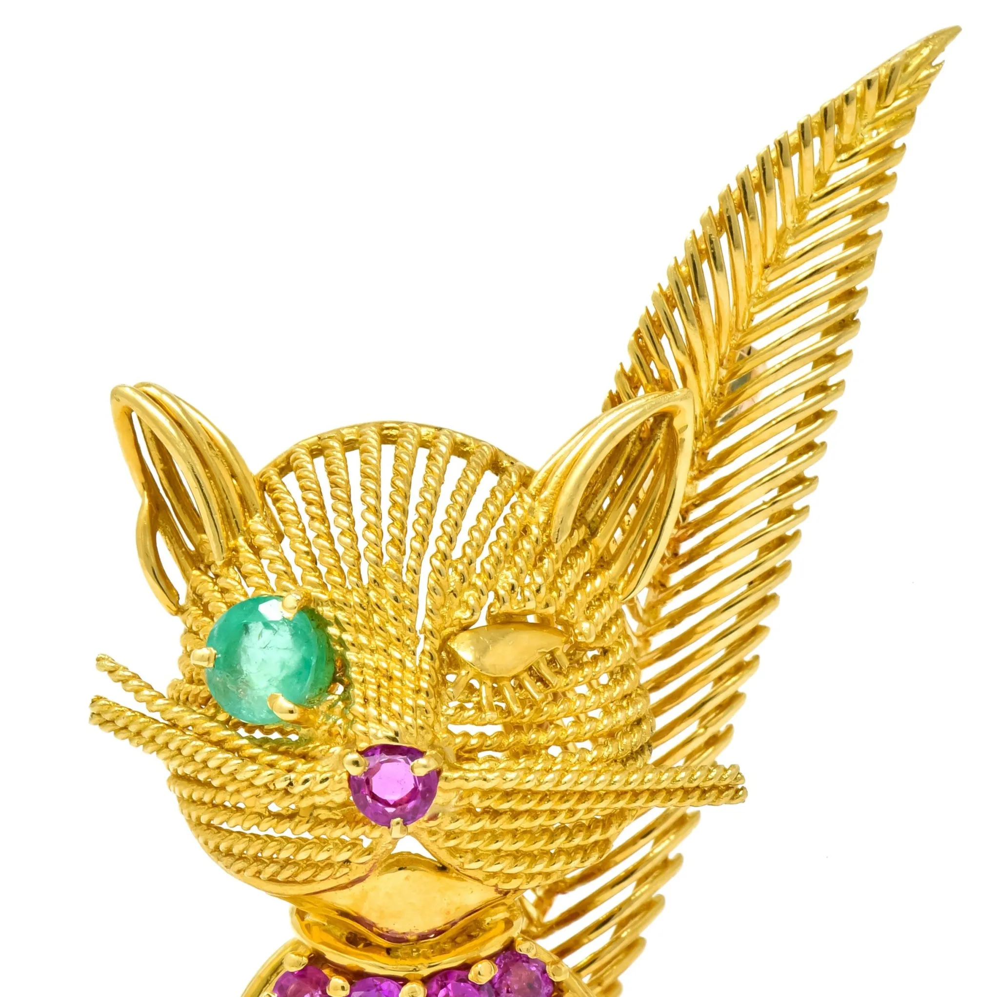 Tiffany & Co. Retro 5.45 CTW Ruby Emerald 18 Karat Yellow Gold Winking Cat Brooch