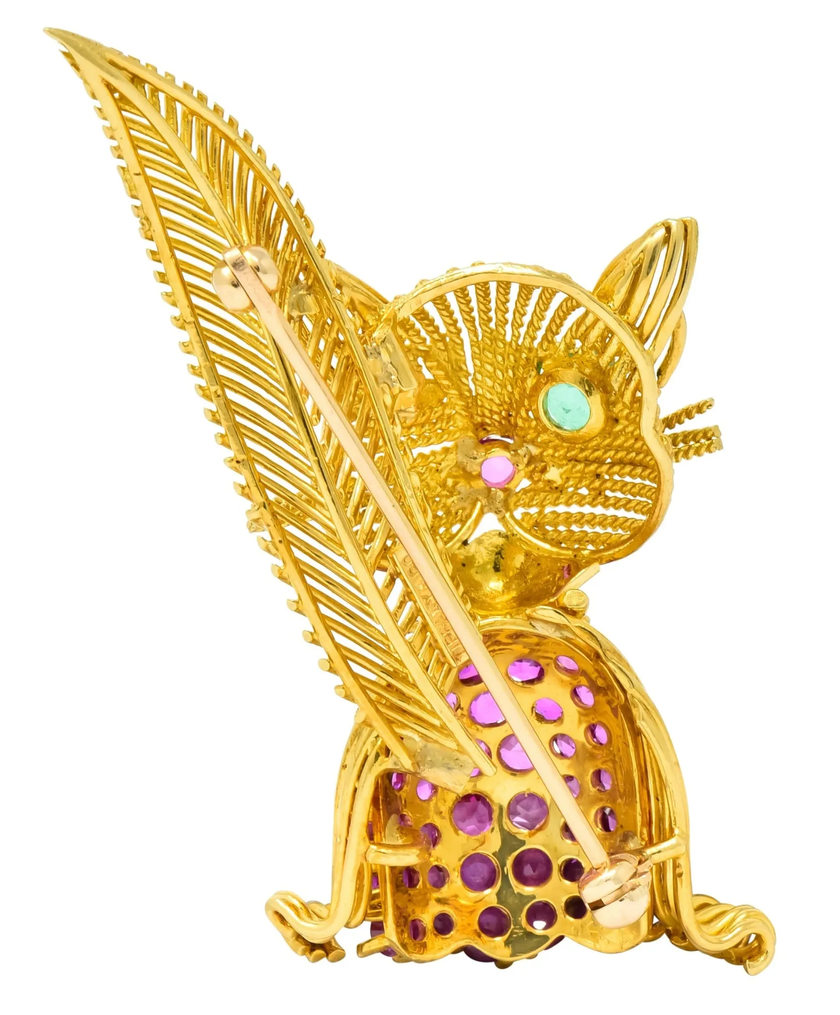 Tiffany & Co. Retro 5.45 CTW Ruby Emerald 18 Karat Yellow Gold Winking Cat Brooch