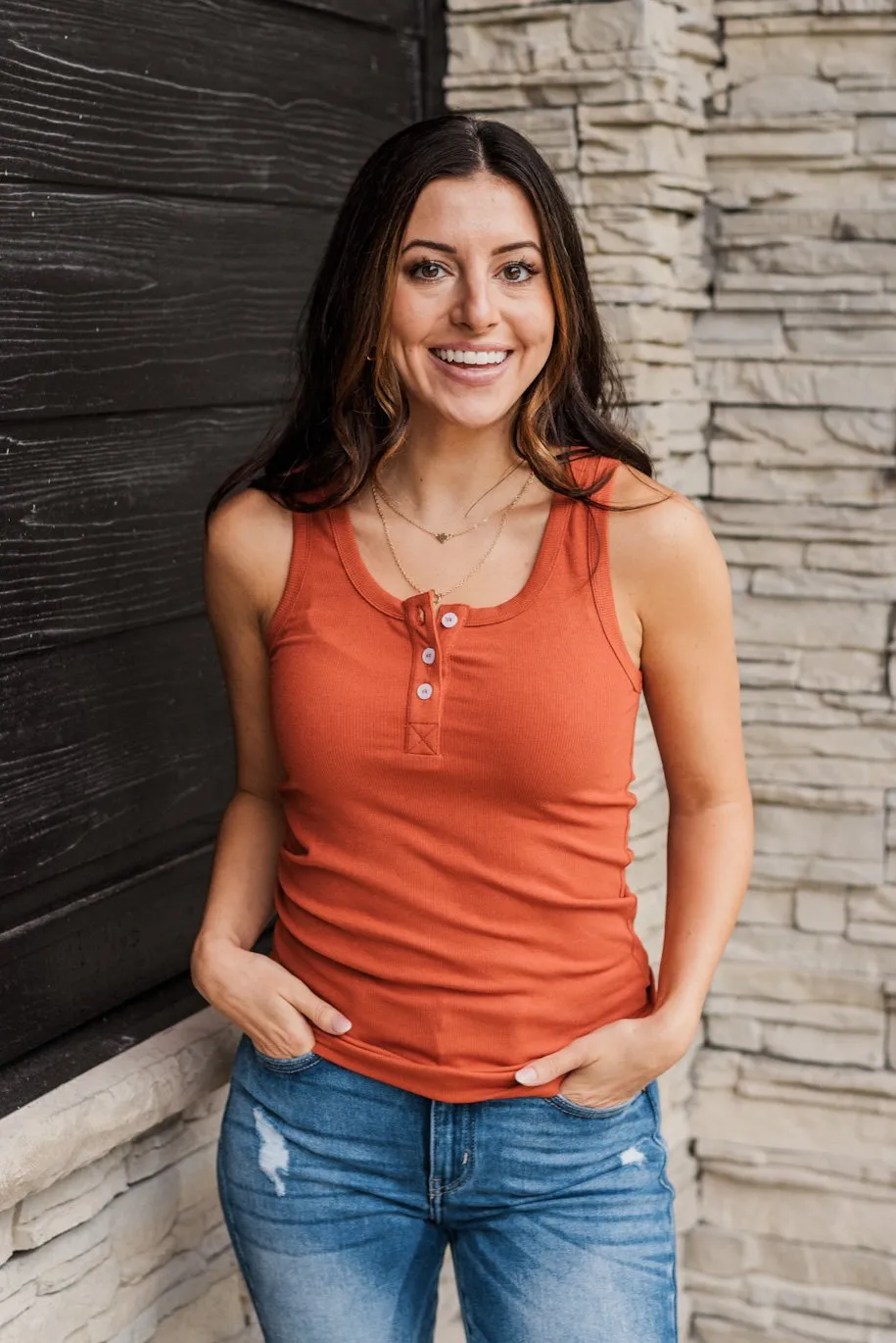 Uplifting Spirits Button Henley Tank Top- Burnt Orange