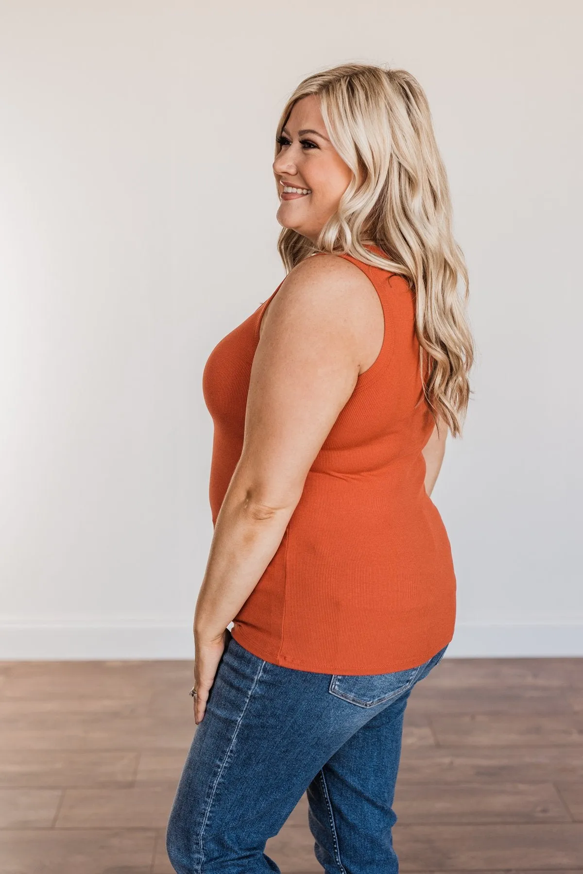 Uplifting Spirits Button Henley Tank Top- Burnt Orange